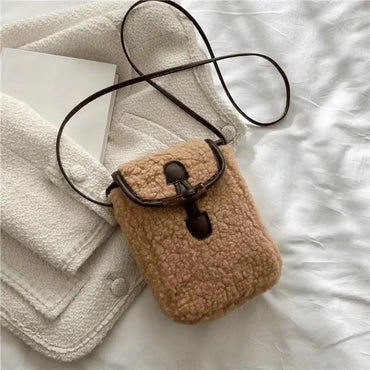 1 Pcs Women's Retro Lamb Fleece Bag Color Blocking Minimalist Mobile Phone Bag Single Shoulder Crossbody Small Bag