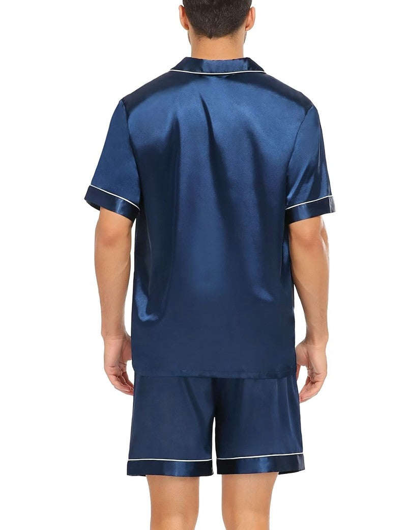 Men's Luxury Satin Pajama Set Short Sleeve Lapel Front Buttons Top And Elastic Shorts Comfortable Fit Loungewear Sleepwear Pjs