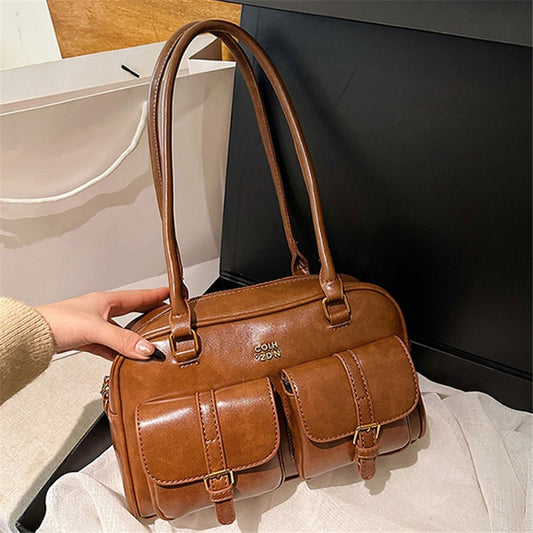 Women's Coffee Brown Multi-Pocket Handbag Shoulder Bag, Stylish Versatile Letter Crossbody Purse for Travel Work Shopping Dates
