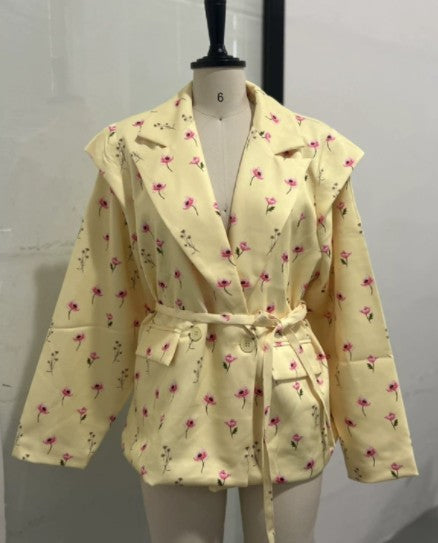 Women's 2025 Spring/Summer New Fashion Printed Loose Suit Collar Belted Waist - cinching Suit Jacket
