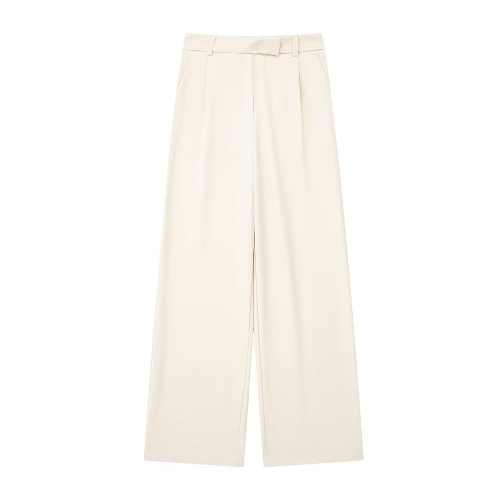 TRZA Women Fashion With Darts Front Pockets Wide Leg Pants Vintage High Waist Zi