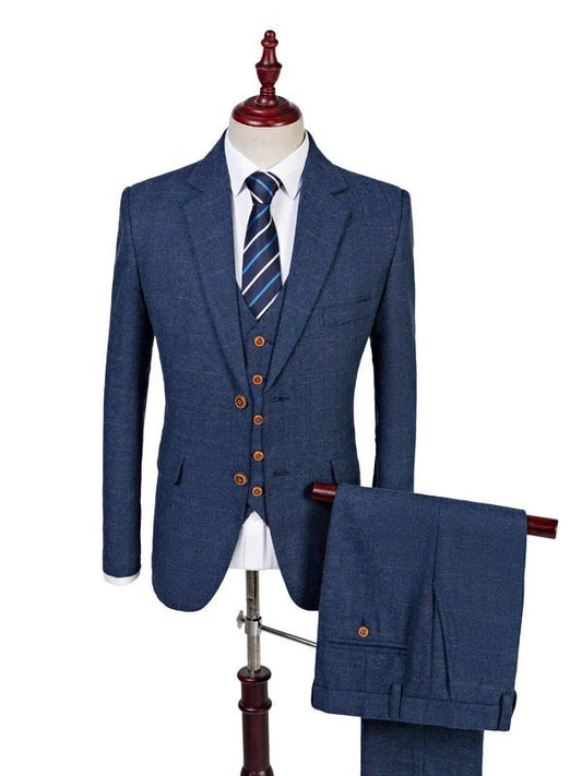 Blue Tweed Suit Men Vintage Winter Formal Wool Wedding Suits For Men 3 Pieces Herringbone Blazer For Men