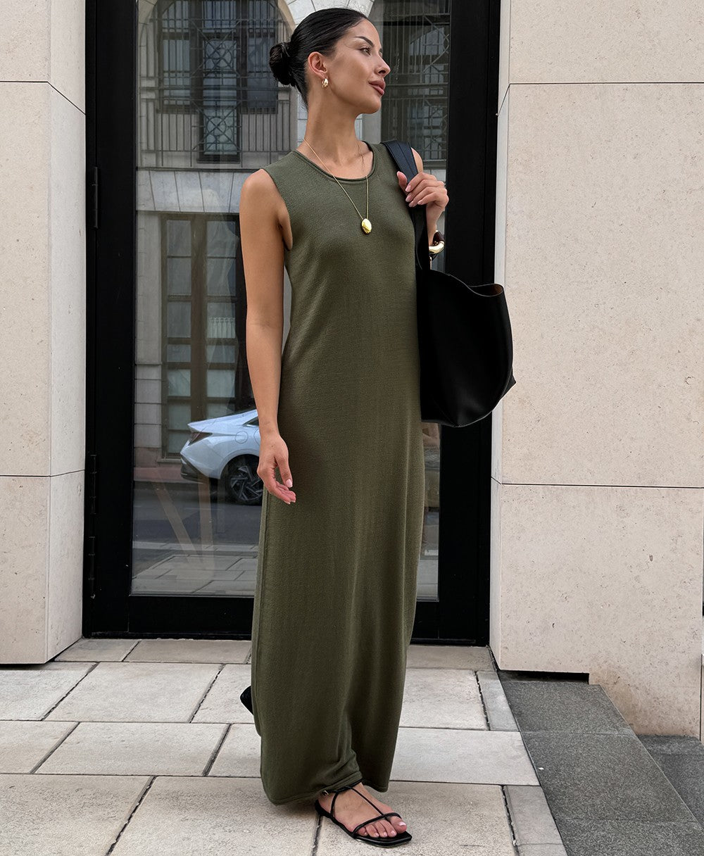 Noodle Women's Summer Knitted Dress Sleeveless Soild Long Elegant Brown Dress O