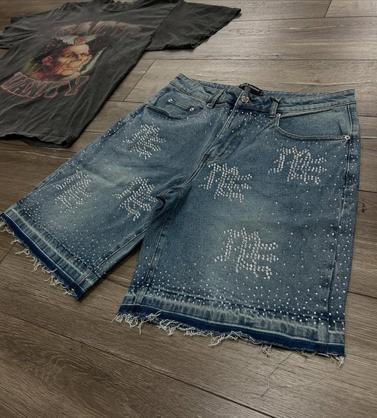 Streetwear Mens Vintage Rhinestone Sequin Denim Shorts Y2K Jeans Hip Hop Baggy Denim Gym Shorts Casual Basketball Shorts