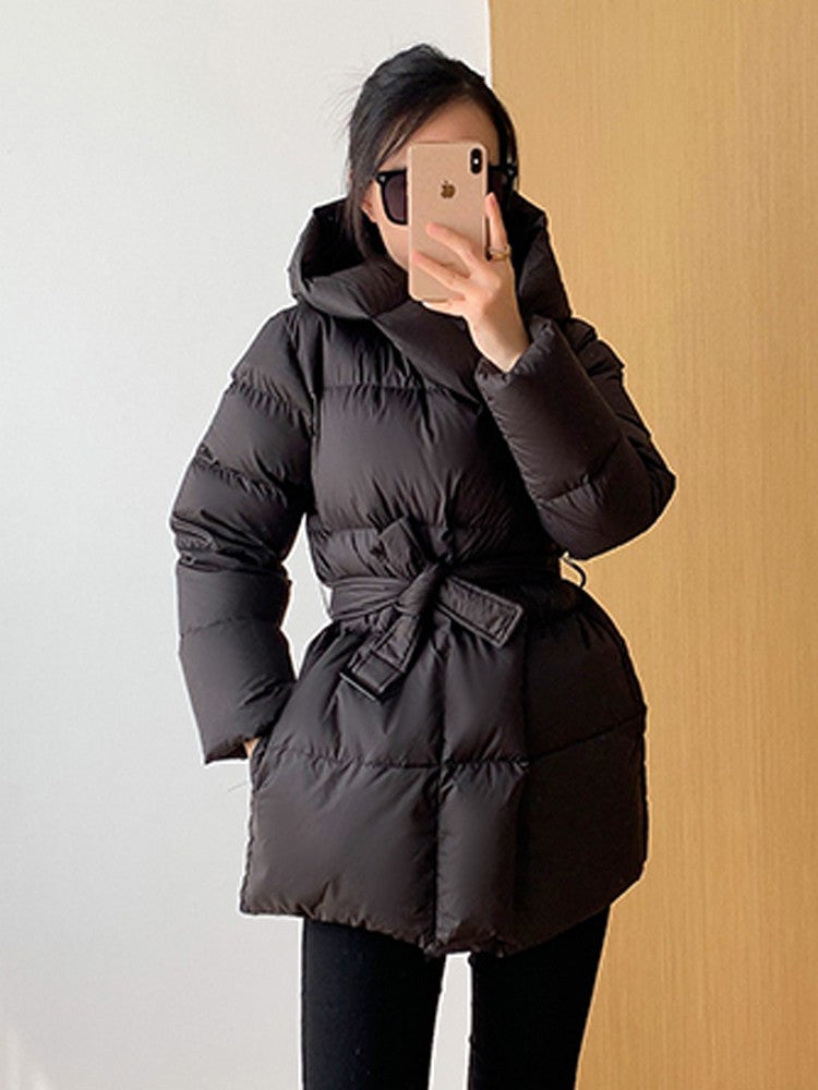 2025 Winter Women's Down Jackets Ultra Light Warm Cusual Coat Female Puffer Jacket With Belt Plus Size Hooded Short Parka