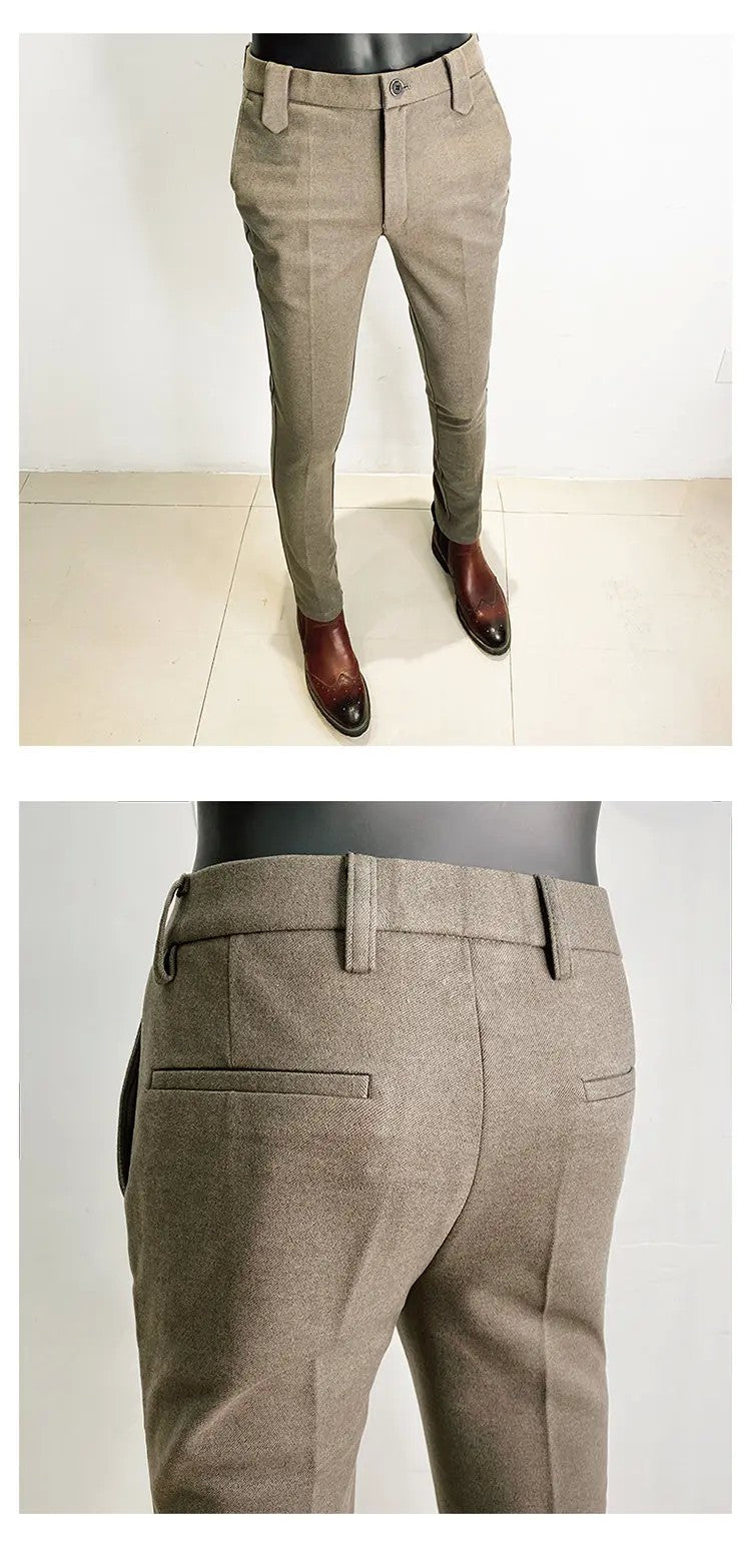 Autumn Winter Thickened Suit Pants Men Casual Slim Fit Straight Trousers Formal Business Woolen Cloth Social Office Dress Pants