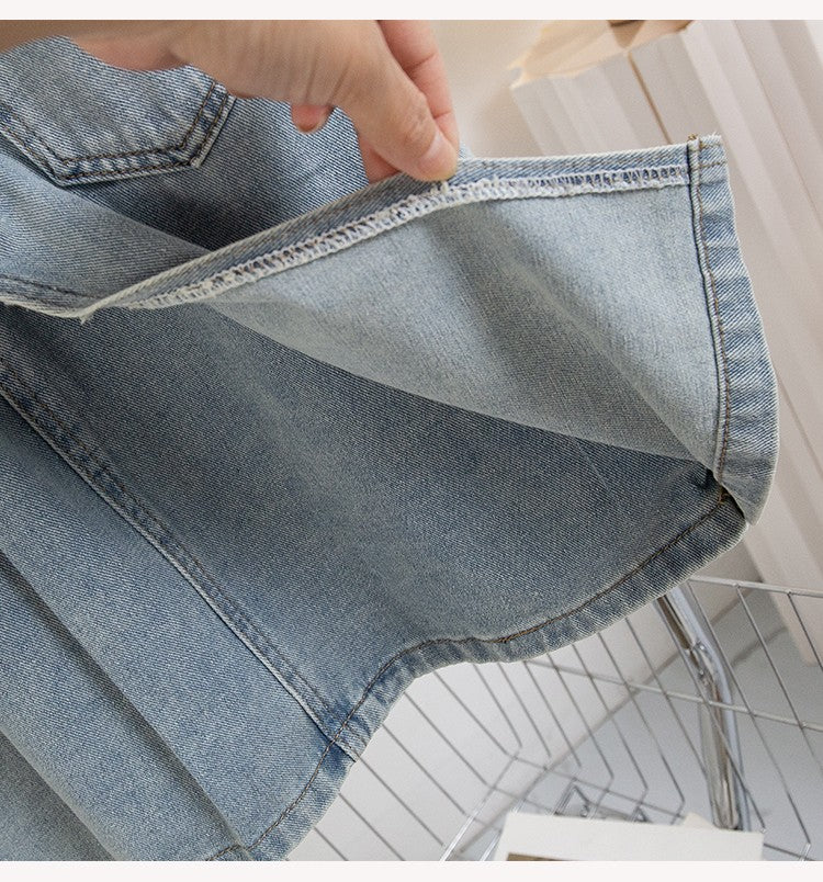 Plus Size Denim A Line Skirt With Lining 2024 Summer New Korean Fashion Pleated Midi Jean Skirt Woman Blue Color Jeans Skirts