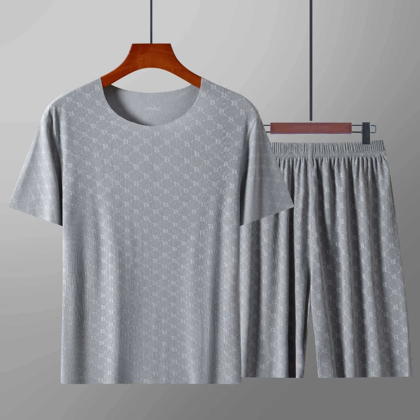 Summer Men's Pajamas Homewear Set Printed Ice Silk T-Shirt Short-Sleeved Modal Casual Pajamas Men's Pajama Trousers Thin Suit