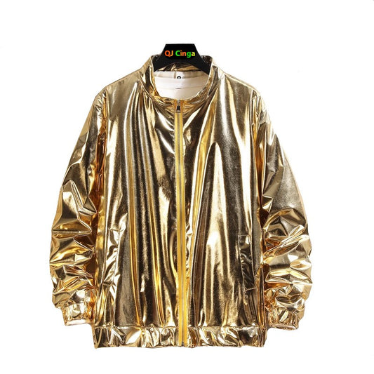 Silver Men Long Sleeve Jacket, Round Neck Zipper Control Coat, Suitable for Casual Tops, Great for Stage Performance