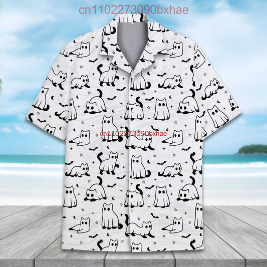 Cute Cowboy Ghost Hawaiian Shirt for Men Women Youth Funny Pumpkin Halloween Shirt Kawaii Spooky Spirit Button Down Party Shirt