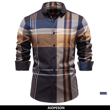 AIOPESON Men's Classic Plaid Shirt 100% Cotton Long Sleeve Autumn Winter Thicken Office Formal Business Executive Shirts