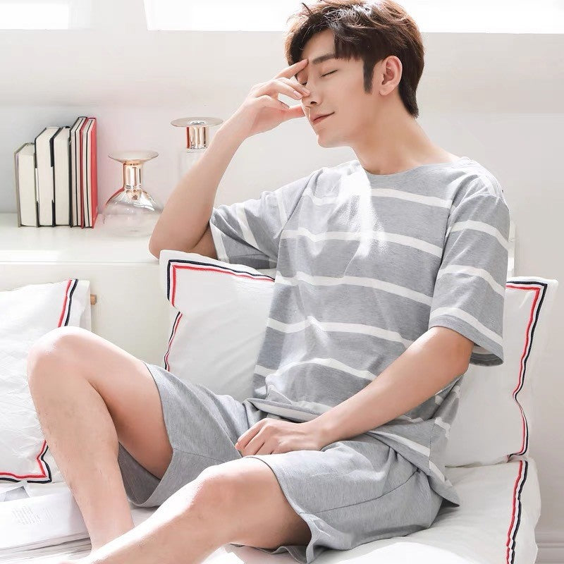 Summer Men's Pajamas Homewear Set Men's Short-Sleeved Shorts Teenage Students Cartoon Striped Casual Pajamas Homewear Set