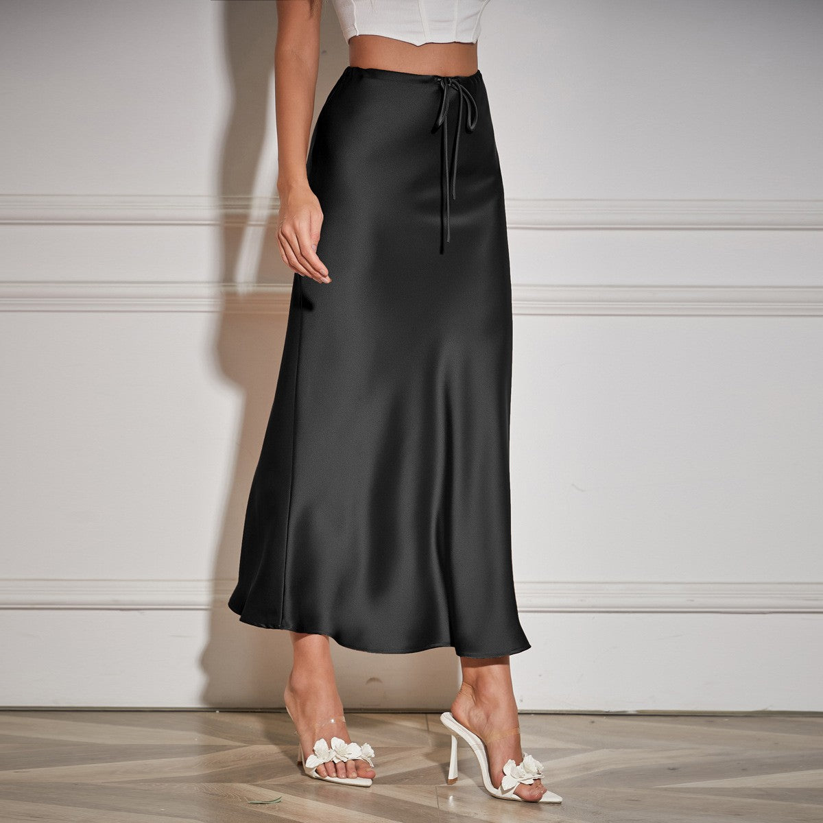 New In 2025 Spring Summer Solid Color Satin Long Skirt For Women High Waist Lace