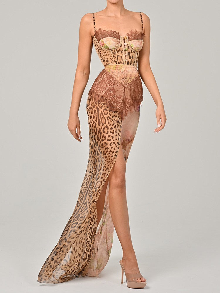 Mozision Leopard Print Lace Split Sexy Maxi Dress Women Gown Elegant Patchwork C