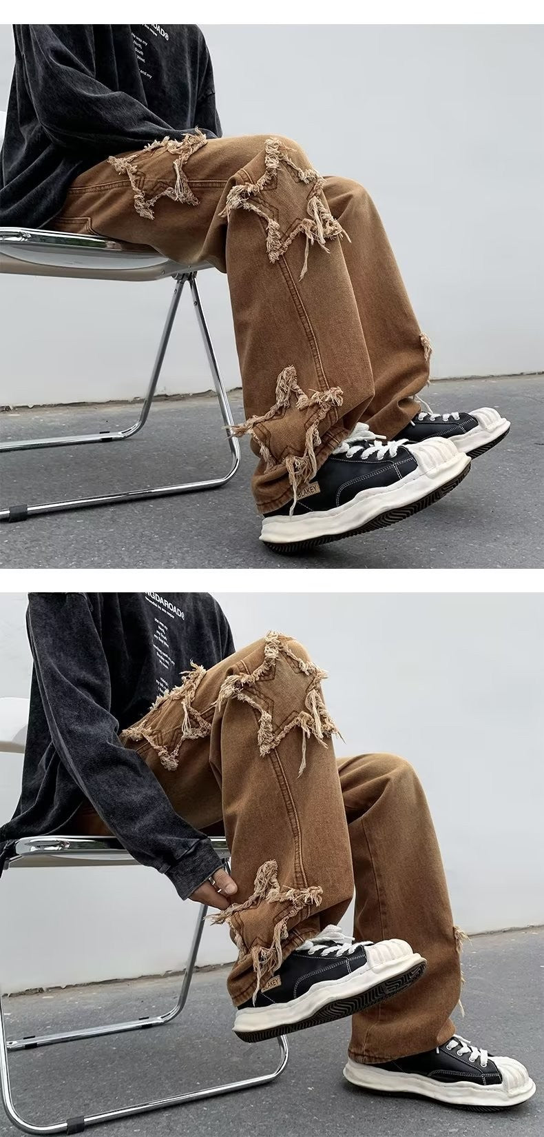 2025 Novas Estrelas da Moda Toalha Bordada Calças Jeans Marrons Masculinas Roupa Y2K Calças Retas Hip Hop de Algodão Pantalon Homme