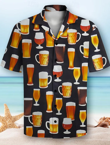 Beer Pattern 3D Print Men's Short Sleeve Party Daily Holiday Button Down Lapel Shirt For Summer Resort Holiday, Hawaiian Style