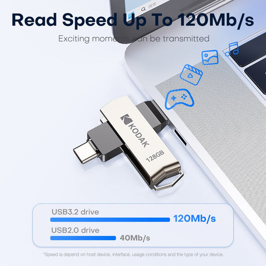 KODAK USB3.2 Type C Two in One Flash Drive 256GB 128GB 32GB Pendrive High Speed Dual Memory Stick For Smartphone Laptop