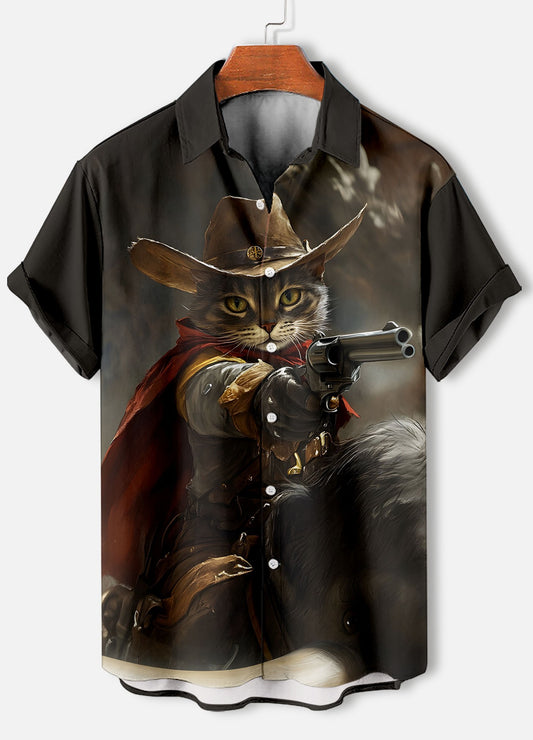 Men's Retro Cartoon Anime Cat Theme Short Sleeve Shirts Short Sleeve Tops Fashion Casual Vacation Streetwear Summer Men's Shirts