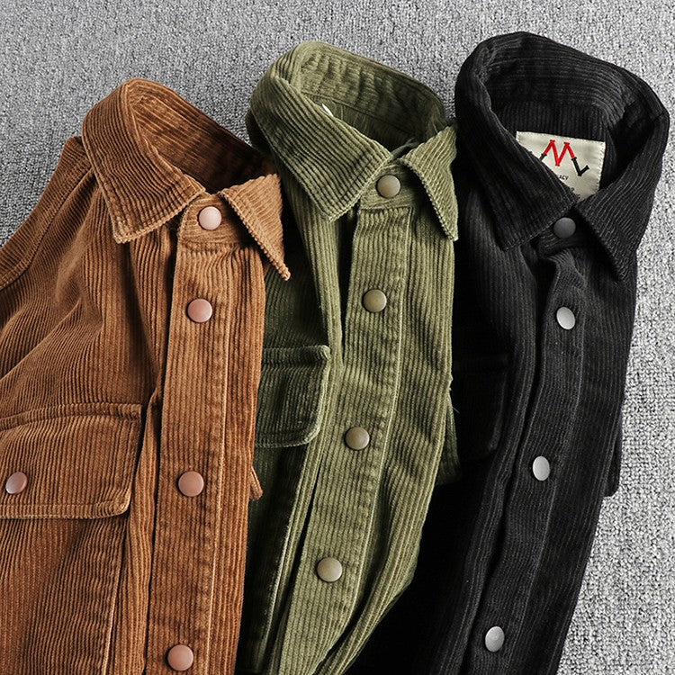 Autumn and winter thick wash corduroy long sleeve shirt men's retro trend cargo big pocket solid color casual coat