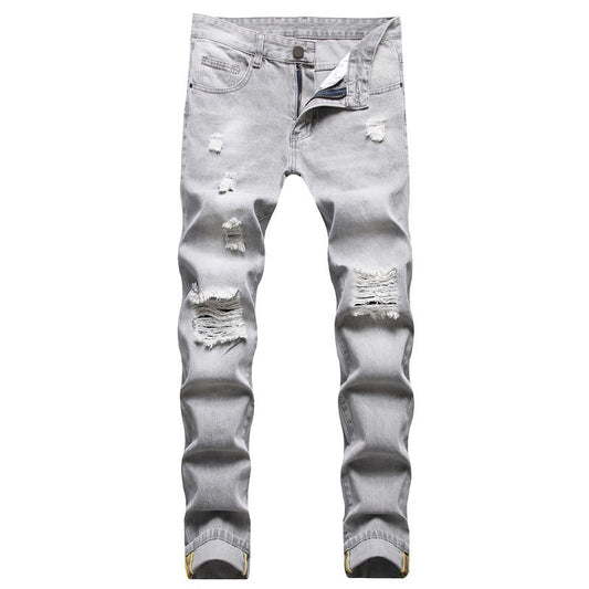 Mens Jeans Large-size Straight Light Gray Denim Trousers Spring and Autumn Full Length Male Pants Ripped Jeans