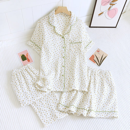 New summer women's cotton crepe three-piece short sleeve + shorts + trousers large size simple flower pajamas home service suit