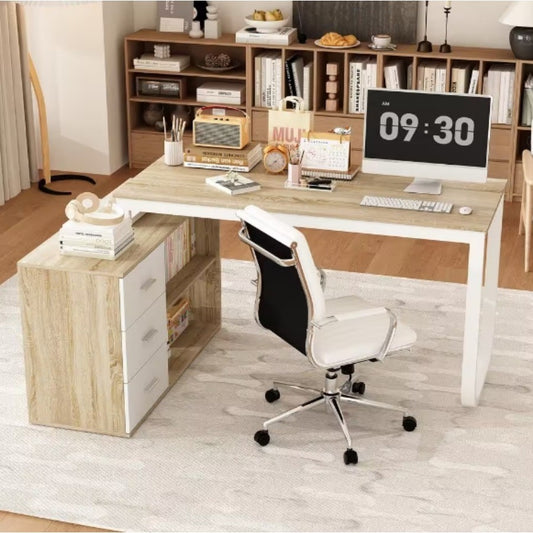55.1 in. L Shaped Oak and White Wood with 3-Drawer Computer Desk Writing Desk Study Table Home Office,easy to assemble
