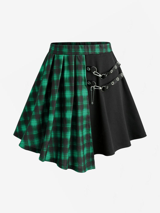 ROSEAGL Plus Size Plaid Patchwork Grommets PU Leather Stripes Asymmetrical Skirt Female Casual Large Size Women Y2K Skirts