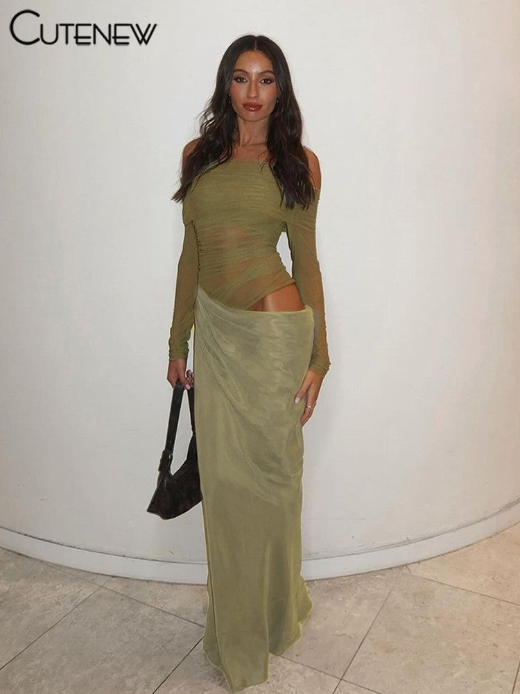 Cutenew Mesh Ruched Women Maxi Dress Sexy See Through Off Shoulder Long Sleeve S