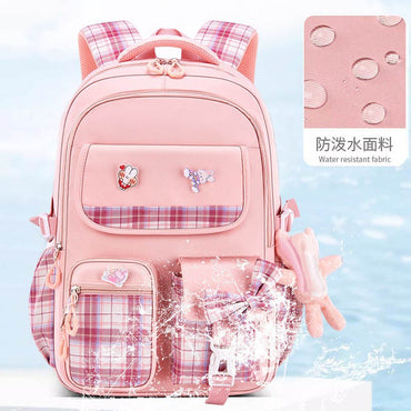 Protecting The Spine Ergonomics Elementary School Students Girls Checkered Backpack Large Capacity Lightweight Waterproof