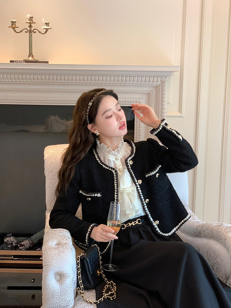 Vintage Cropped Tweed Jackets Women Elegant Black Thicken Coat Korean Single Breasted Blazer Casual Warm Short Outerwear Tops