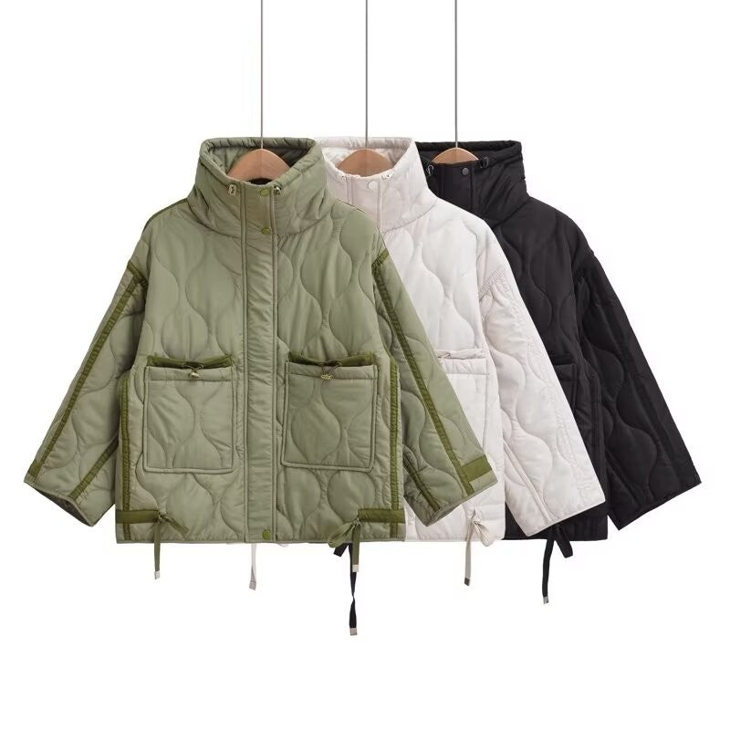 2024 autumn new women's fashion pocket decoration loose long sleeved stand collar diamond grid cotton jacket short jacket