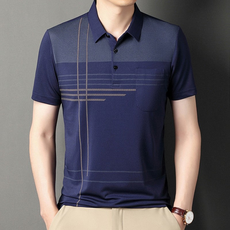 Summer New Men's Color Blocking Polo Shirt Pocket Button Up T-shirt Casual Slim Fit Comfortable Short Sleeved Breathable Top