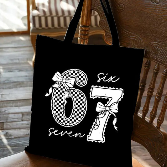 Vintage Coquette Bow 67 Number Pattern Tote Bags Canvas Shopping Bag Women's Reusable Foldable Handbag for Travel Beach Bag