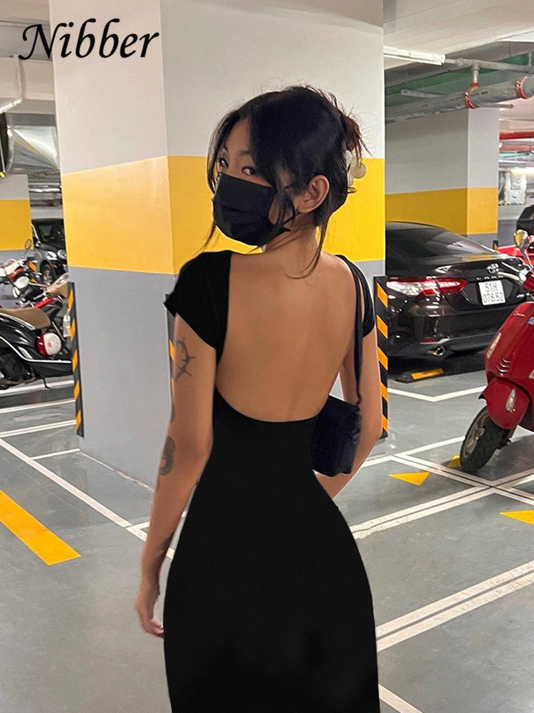 Nibber Solid Sexy Backless Maxi Dress Women Elegant Elastic Slim Short Sleeve Lo