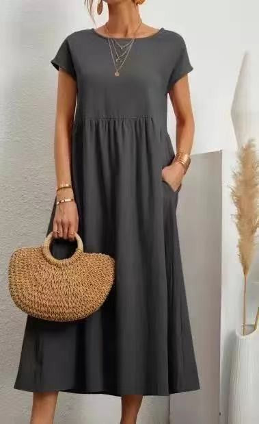 Women Vintage Solid Dress 2023 Summer Elegant O Neck Short Sleeve Cotton Linen D