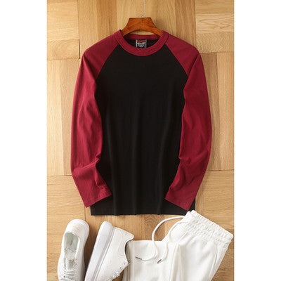 Summer New American Retro Raglan Long-sleeved O-neck Montage T-shirt Men's Fashion Simple 100%Cotton Washed Casual Sport Tops
