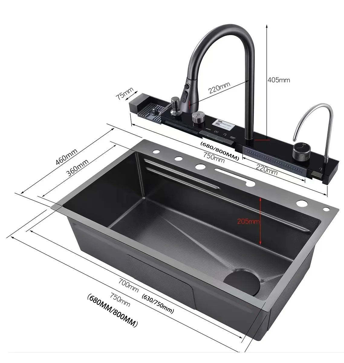 Stainless Steel Waterfall Kitchen Sink Digital Display Faucet Set Embossed Extra Large Single Slot Multiple Types of sinks
