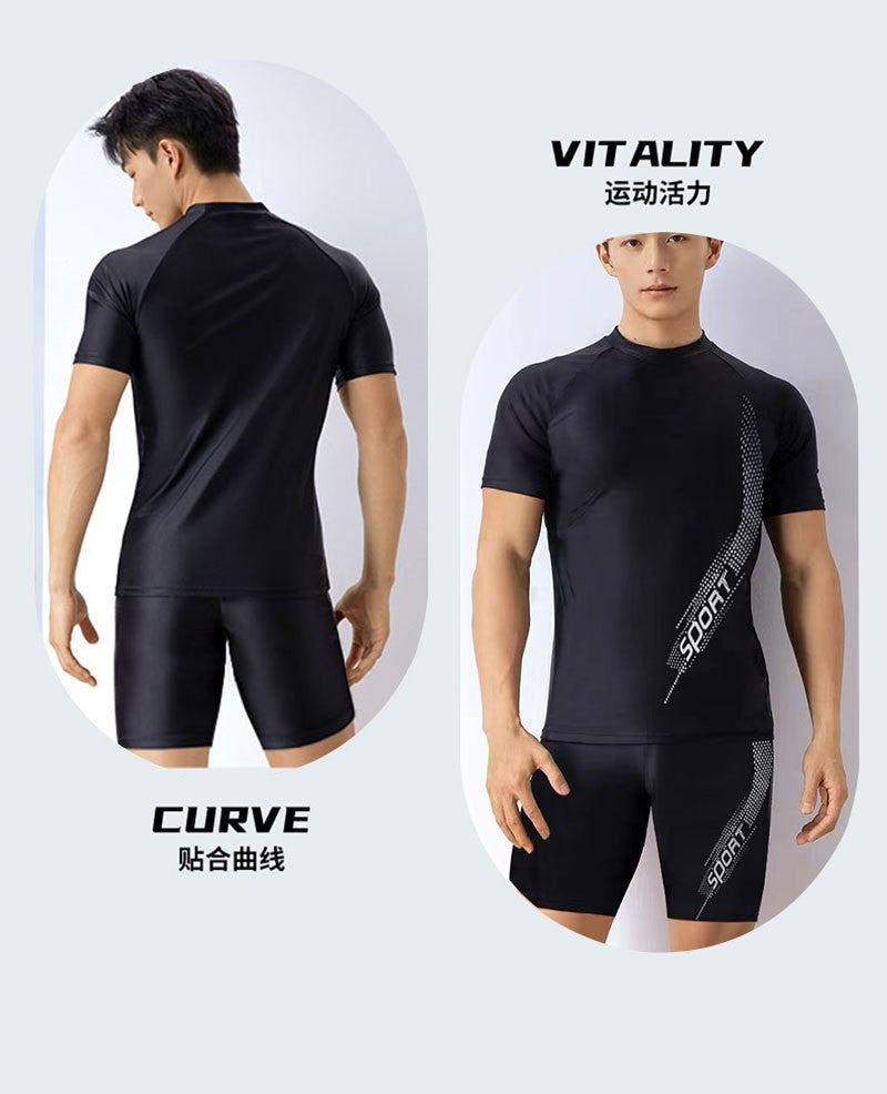 Men Swimsuit O-Neck Short Sleeve Mid-rise Swimming Suit Printing Slim Fit T-shirt Swimming Trucks Set Beachwear