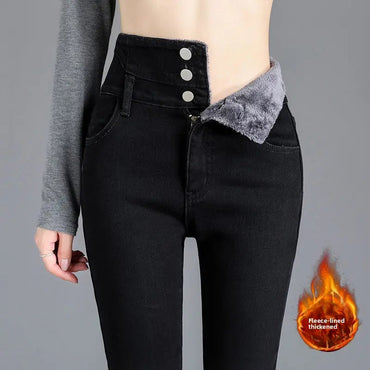 High Waist Slim Fit Fleece Lined Thickened Pencil Long Jeans Women's Autumn Winter New Style Fashionable And Elegant