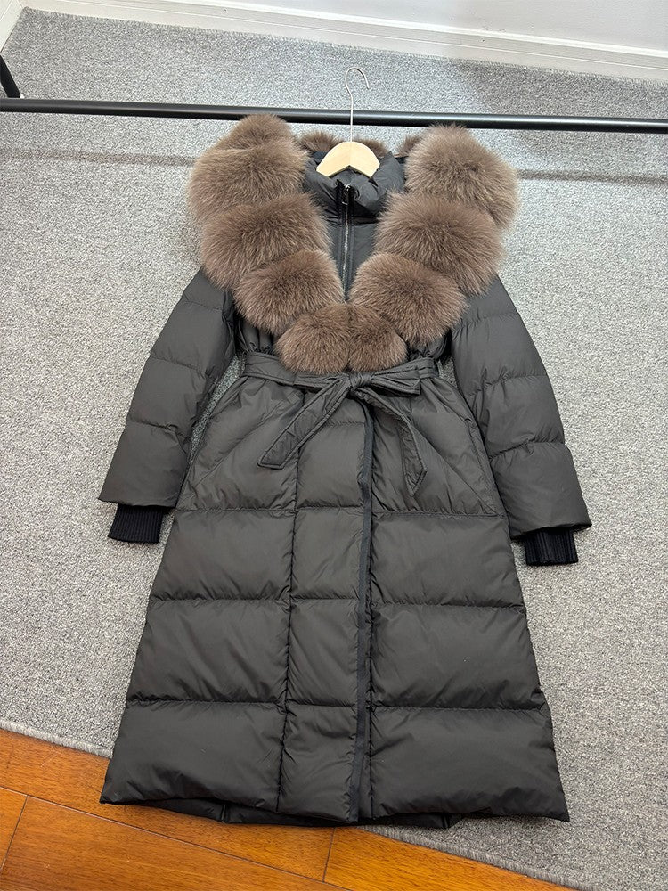 Janveny New Winter Long Hooded Puffer Jacket Women Warm Thickened Real Fox Fur Collar White Goose Down Jacket Waterproof Parkas