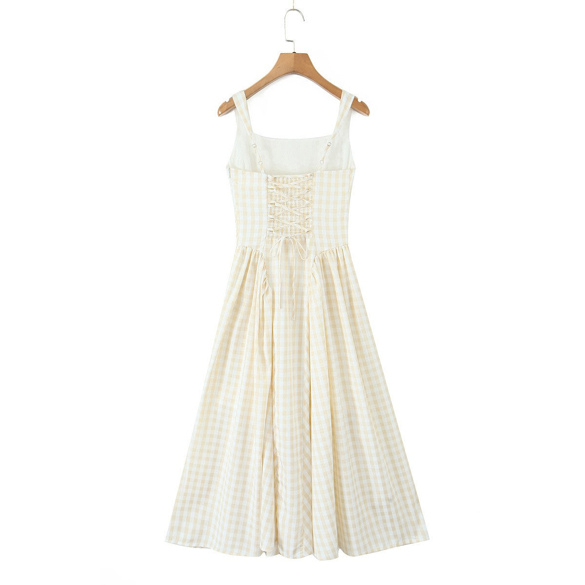 YENKYE Lace Up Bandage Plaid Sling Dress Women Elegant Square Neck Low Waist A-l