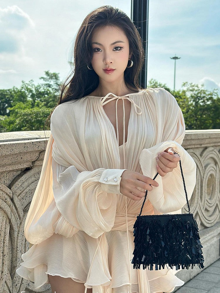 TWOTWINSTYLE Elegant Ruched Mini Dress For Women Round Neck Lantern Long Sleeve