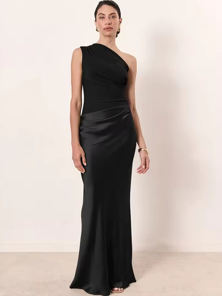 JULISSA MO Patchwork Satin Sexy One Shoulder Women Maxi Dress Brown Sleeveless E