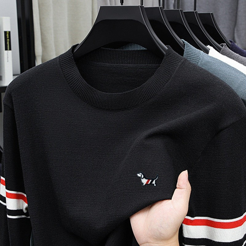 Hot Selling Original Quality Men's Knitted Sweater Striped Sleeves Cartoon Print O-Neck Pullover Autumn Winter Casual Menswear