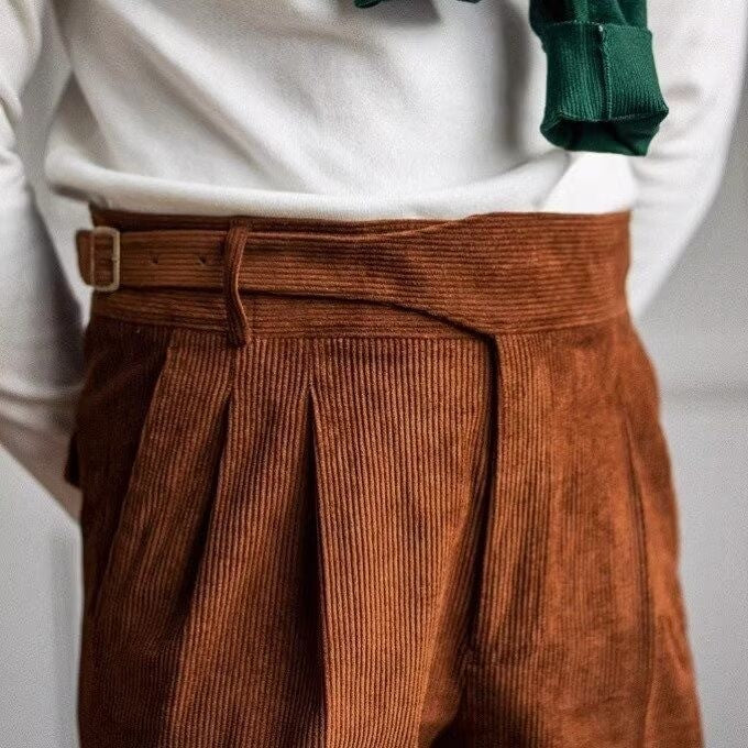 Italian Style Corduroy Naples Suit Pants Men High-waisted Adjustable Belt Straight Trousers Autumn England Business Casual Pant