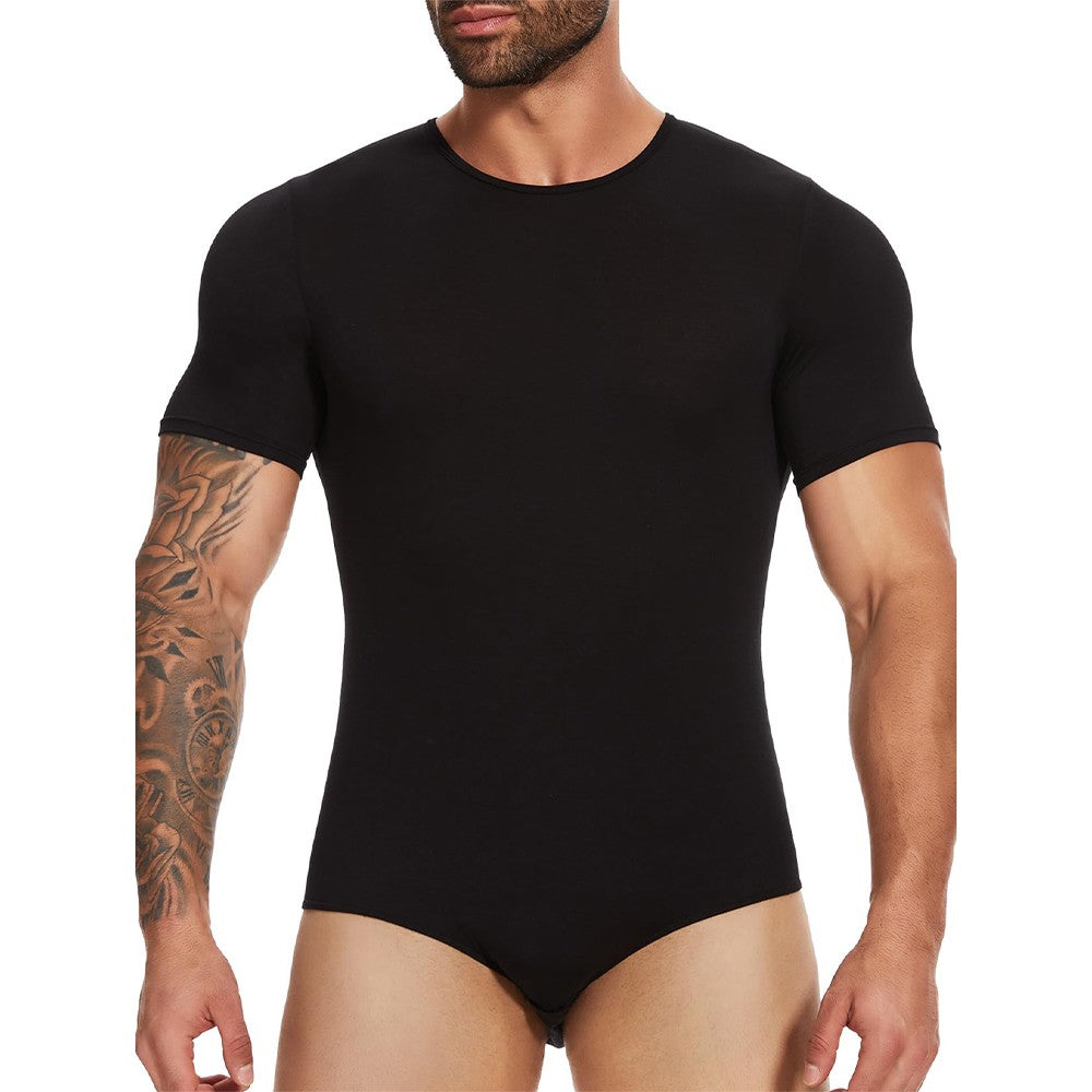 Men Short Sleeve Bodysuit Press Botton Crotch Shirt Pajamas Bodysuit Undershirts Leotard Top
