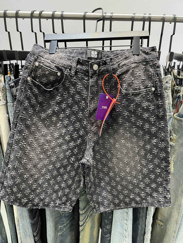New Summer Men Distressed Short Jeans Vintage Jacquard Straight Leg Men's Denim Shorts Pants