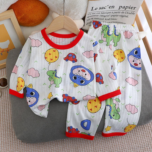 Kids Boys Girls Summer Cotton Thin Pajamas Cute Cartoon Print Long Sleeve T-shirt Tops+Pants Baby Clothing Sets