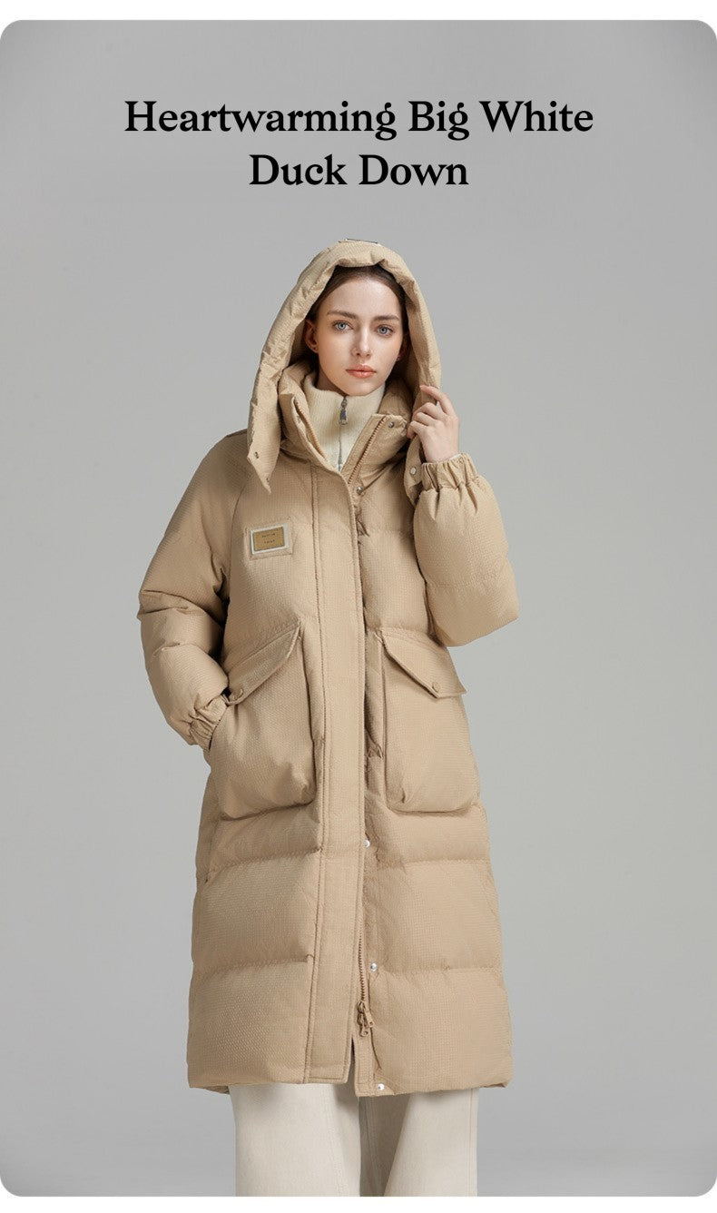 CLARKE QUEEN Long Down Jacket for Women Winter Duck Down Coat Hooded Over-the-Knee Casual Thickened Fitted Padded Puffer Coat