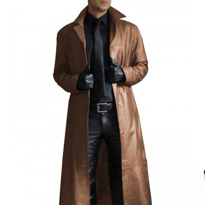 2025 Men Faux Leather Trench Fashion Long Sleeve Autumn Windbreaker Coat Slim Leather Long Leather Jacket Men's Jacket Outwear